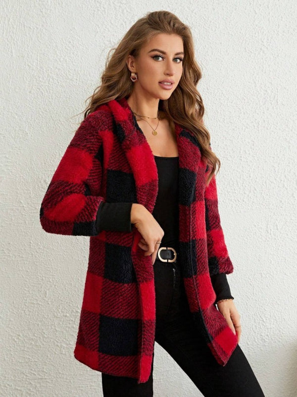 PlaidHaven - Long Sleeve Hooded Coat